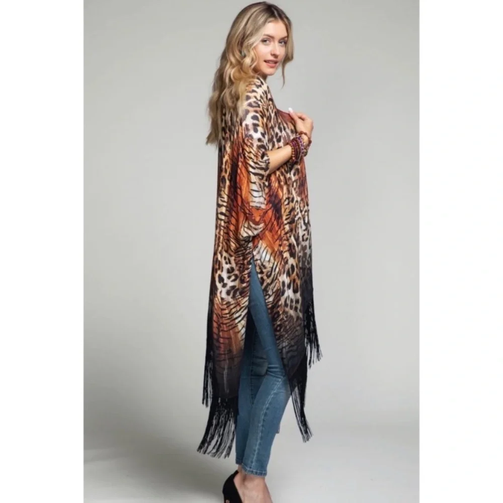 🌺LAST1️⃣🌺New Beautiful Flowy Leopard Print Fringe Open Style Kimono - Picture 8 of 9